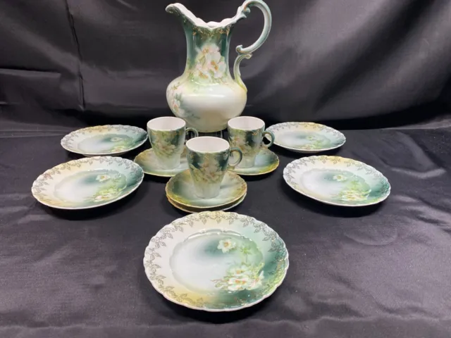 13 Piece Set ~ Welmar "GREEN FLORAL" Germany ~ Hand Painted Porcelain