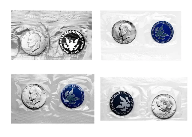 1971 S 1972 S 1973 S 1974 S Eisenhower Ike Silver Dollar BU Blue Pack OGP 4 Lot