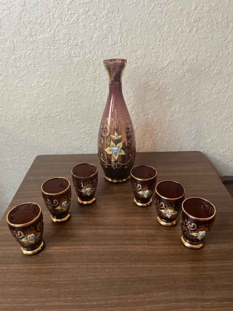 Vintage Bohemian Czech Amethyst Glass Decanter Set Gold & Handpainted Flowers