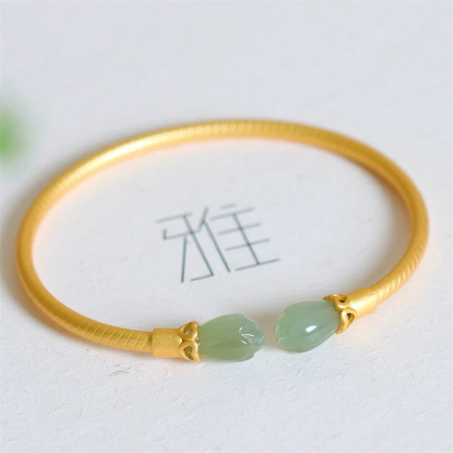 Pure S925 Sterling Silver Hetian Jade Bracelet Women Lucky Lotus Open Bangle