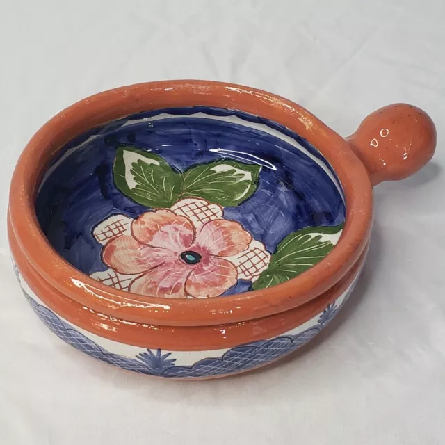 Vintage 1996 Portugal Pottery Hand Painted  Glazed Terra Cotta Bowl w/ Handle 6”