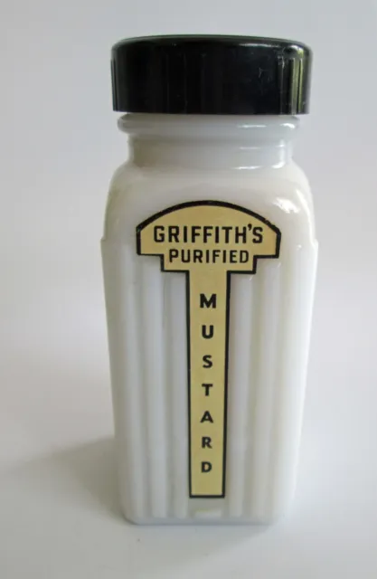 Vintage Griffith's Purified Milk Glass Spice Bottle Jar Black Lid Mustard