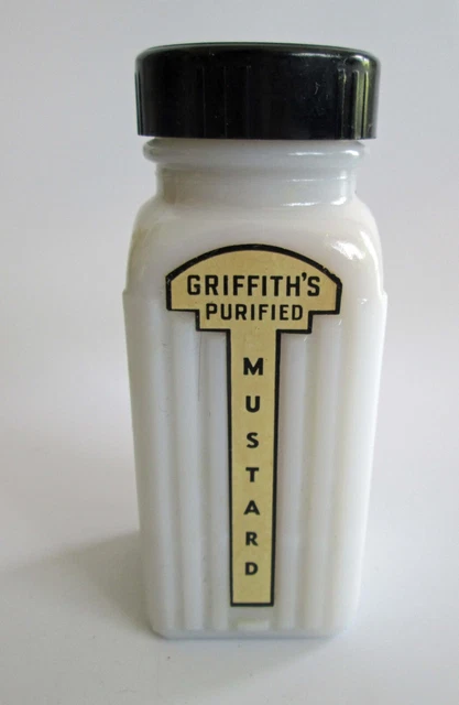 Vintage Griffith's Purified Milk Glass Spice Bottle Jar Black Lid Mustard Vintage Griffith's Purified Milk Glass Spice Bottle Jar Black Lid Mustard