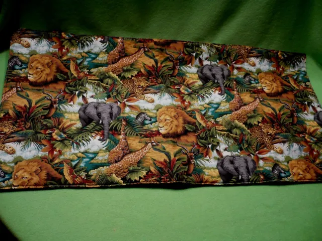 Homemade Child's room table or dresser runner w/ JUNGLE ANIMALS in vivid colors.