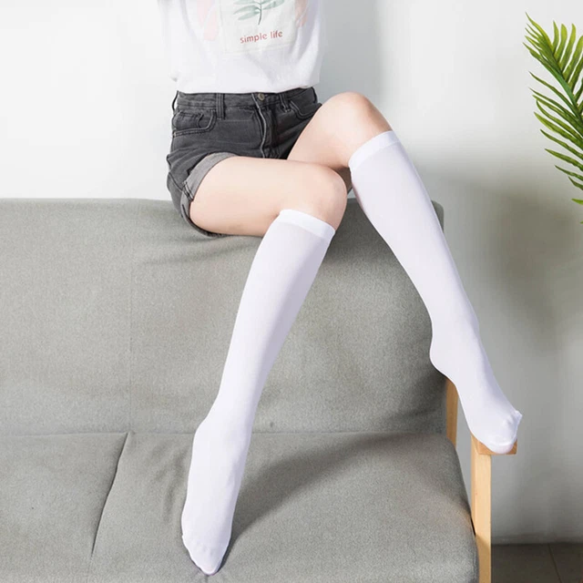 3 Paires Blanches Femmes Dames Filles École Haut Genou Coton Plaine Longues %