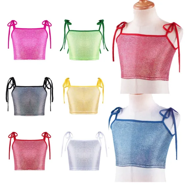 Girls Sparkle Dance Crop Top Adjustable Spaghetti Shoulder Straps Camisole Tops