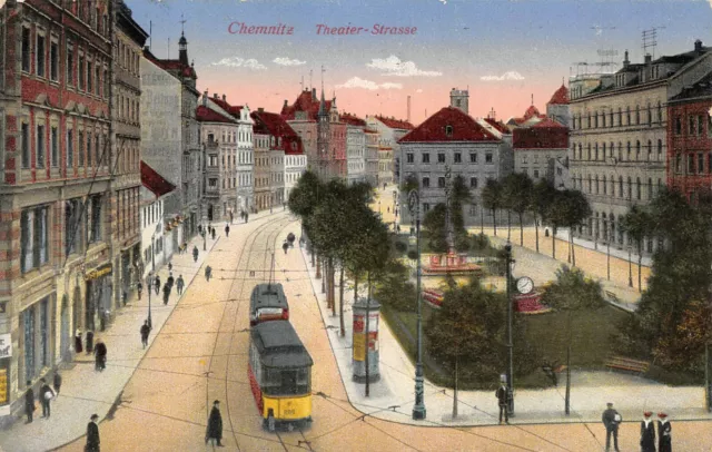 AK Chemnitz Theater-Strasse Strassenbahn Postkarte gel. 1916