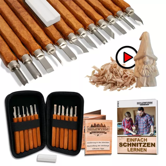HOLZWURM Holz-Schnitzwerkzeug Set 12-tlg, inkl. Tasche, Anleitung & Abziehstein