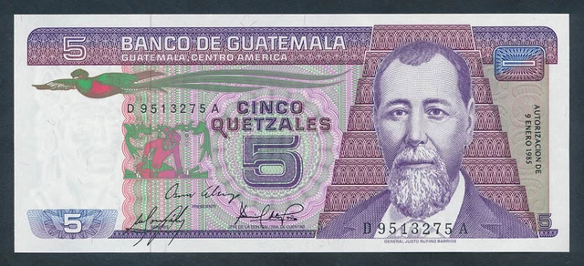 Guatemala: 9-1-1985 5 Quetzals "RARE DATE". Pick 67 Crisp UNC