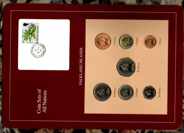 Coin Sets of All Nations Falkland Island w/card 1,2,5,10,20,50 Pence £1 1987 UNC