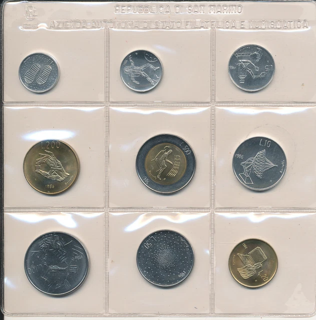 San Marino - 1+2+5+10+20+50+100+200+500 Lire 1986 UNC - Set Kms