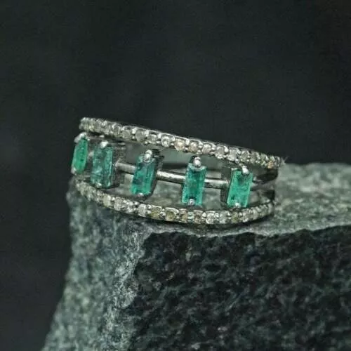 Baguette Pierre Précieuse Émeraude Bague Diamant Pavé Anneau 925 en Argent