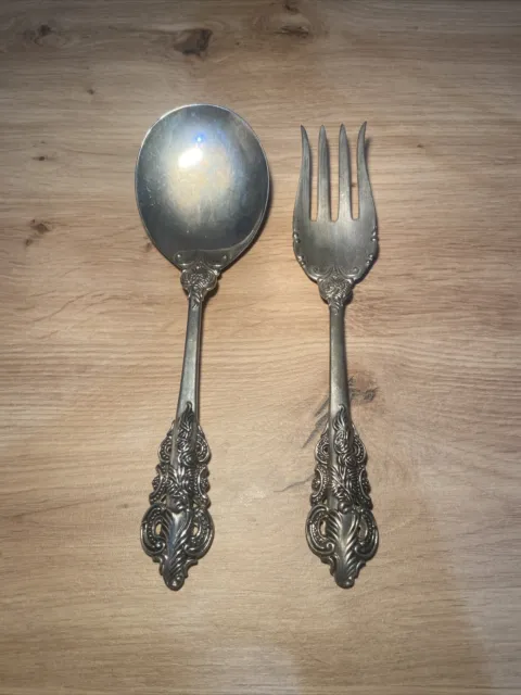 Vintage Unstamped Salad Servers. With Intricate Handle Design. Fork Spoon Style