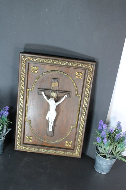 Antique French wood carved crucifix bisque porcelain corpus panel religious 2