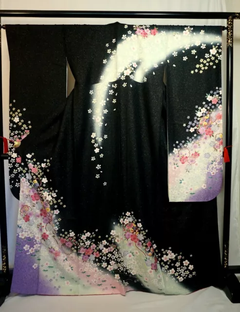 Japanese kimono SILK"FURISODE" long sleeves, Gold thread/ leaf, SAKURA,L65".2909
