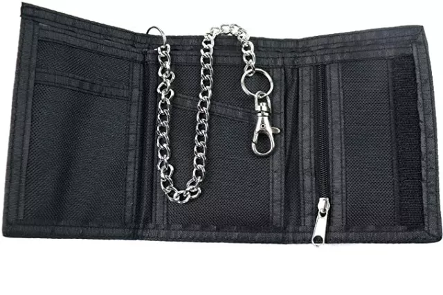 Mens Boys TriFold Slim Wallet With Security Chain Canvas Black Camo London UK