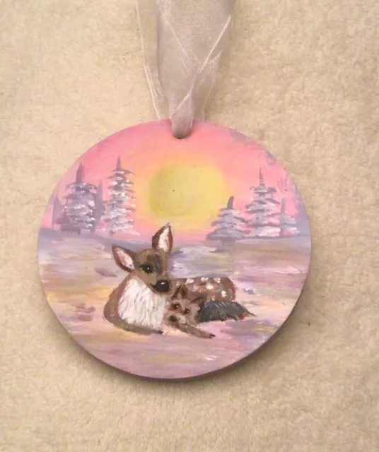 Yorkie hand painted Yorkshire Terrier  and deer wood Christmas ornament