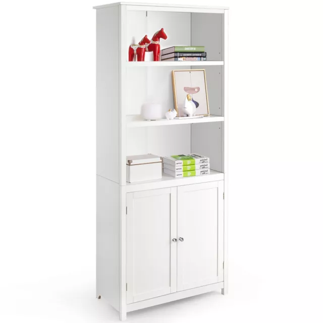 Modern Freestanding Bookcase Wooden Storage Cabinet w/ Open Shelves and 2 Doors