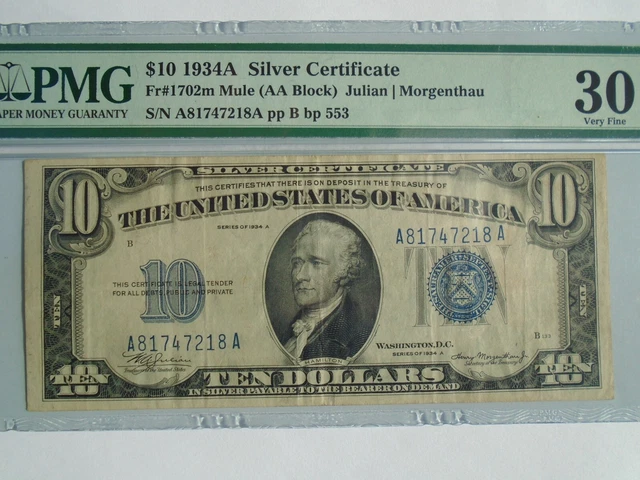 $10 1934A Silver Certificate Fr. 1702m Mule  Back Plate #553 PMG 30