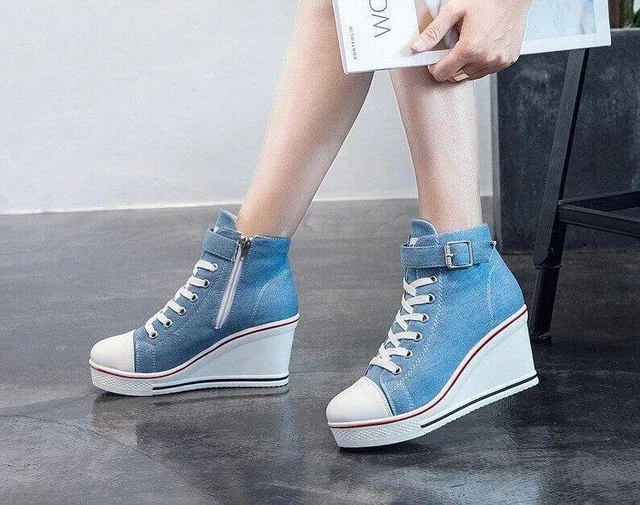 Lady's High Top Wedge Heel Sneakers Women Pumps Lace Up Sport Canvas Shoes New