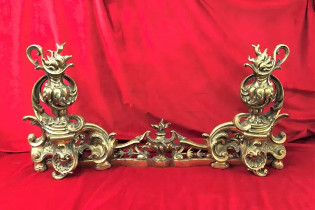 Ancienne barre de foyer de cheminée Bronze XIX 19eme Décor Louis XV chenet 40cm