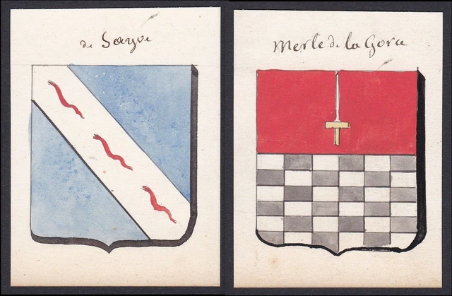 19. Siglo De Sayve Merle Gora Francia Escudo Nobleza Abrigo De Arms Acuarela