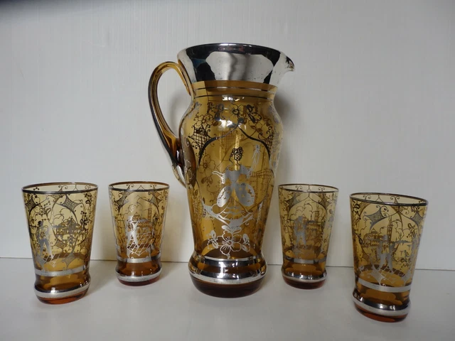 Service Carafe + 4 Verres Cristal Souffle Venise Murano Superbe Decor  Argent