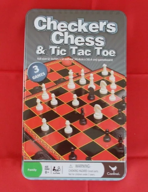 Cardinal 3 Games in 1 Set, Travel Tin, Open Box, Checkers, Chess & Tic-Tac- Toe