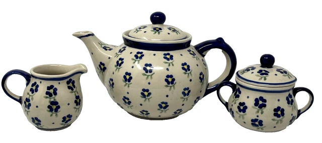 Vintage Polish Pottery Teapot and Sugar Bowl/Creamer Set Boleslawiec