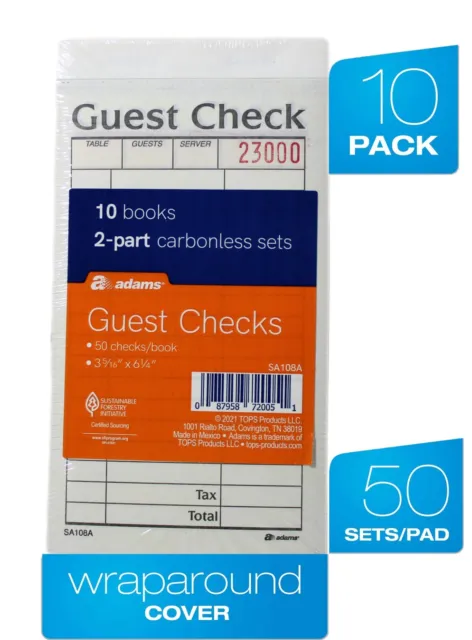 2-Part Carbonless Guest Checks 10 Books 500 Checks ADAMS- 500 Guest Checks