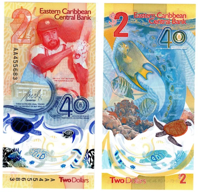 2023 East Caribbean 2 Dollar Polymer Banknote UNC P61 Cricket  AA Prefix