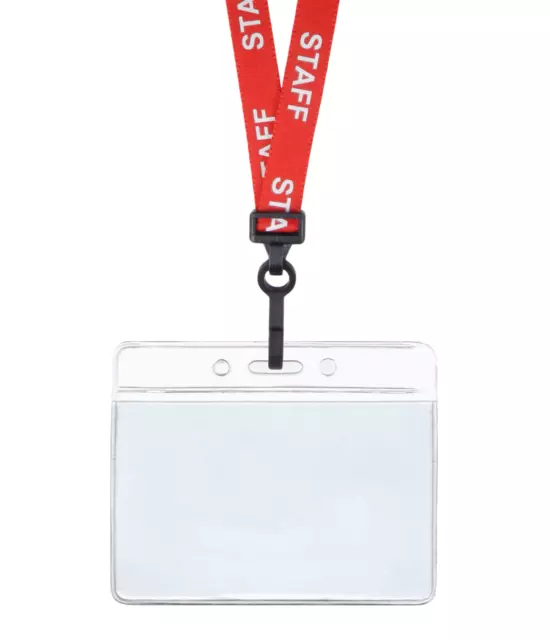 Red STAFF ID Lanyard Neck Strap Plastic Clip Horizontal Badge Card Holder Pouch