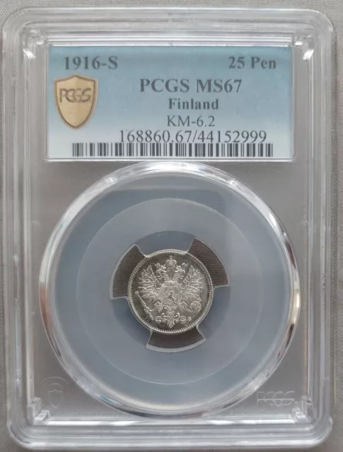 Finland Silver 25 Pennia Unc Coin 1916 Year Km#6.2 Pcgs Grading Ms67 Top Pop 🥇
