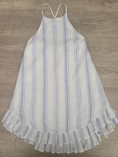 O'NEILL Dress XS Seersucker Womens Lined Cotton White/Blue Stripes Ruffle Hem