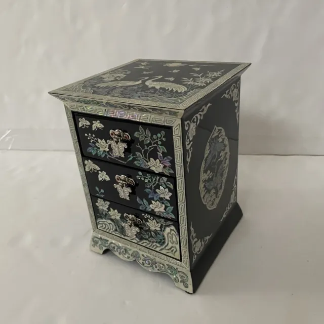 Black Lacquered Jewelry Box Mother of Pearl Inlay 3 Drawer Flowers Butterflies