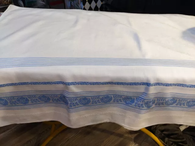 Vintage Tablecloth, cotton damask, blue border, perfect condition