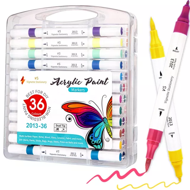 Acrylic Paint Pens Fabric Colouring Markers Brush Fine Dual Nib Art Supplies 36