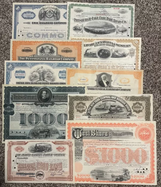 Lot of 10 Different Railroad Stocks & Bond Certificates Erie New York Central