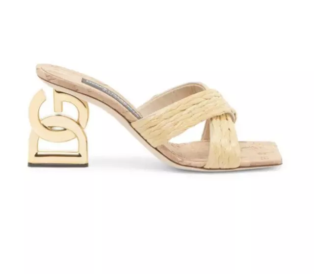 Dolce & Gabbana DG Logo Heel Crisscross Raffia Slide Sandals Mules Shoes $1225