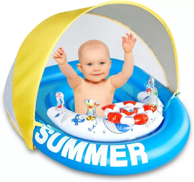 Baby Pool Float with Canopy, UPF50+ Sun Protection Inflatable Baby Float