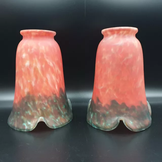 Paire de tulipes pâte de verre marmoréen rouge et vert pour lampe ou applique
