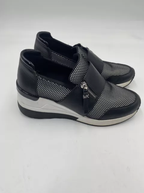 Michael Kors HJ18J Women’s Size  7.5 Black Leather Textile Wedges Lace Up Shoes