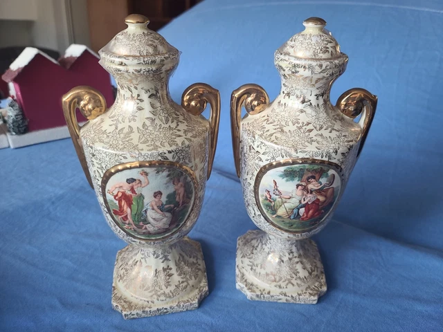 Empire Ware England Urns with Lids Tops Set of 2   11” Tall Porcelain. BEAUTIFUL