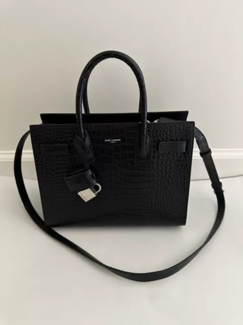Yves Saint Laurent YSL Sac De Jour Small Black Embossed Croc Leather Bag