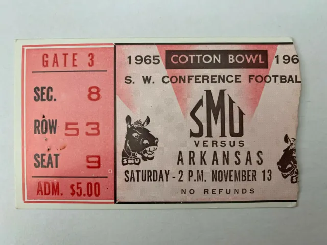 1965  SMU Mustangs vs Arkansas Razorbacks NCAA Football Ticket Stub