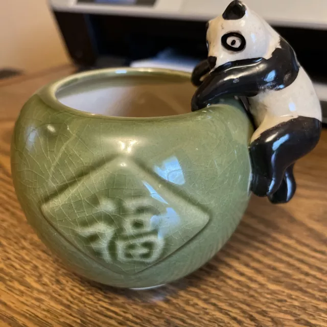 Vintage Ceramic Panda Planter Bowl Marked Fisherman's Fortune