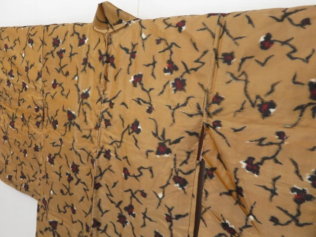 1502T08z410 Vintage Japanese Kimono Silk LONG MEISEN HAORI Light brown 2
