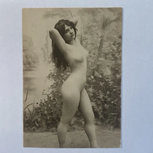French Photo Postcard Nude Beautiful Woman Thinking in Garden with lake Risqué