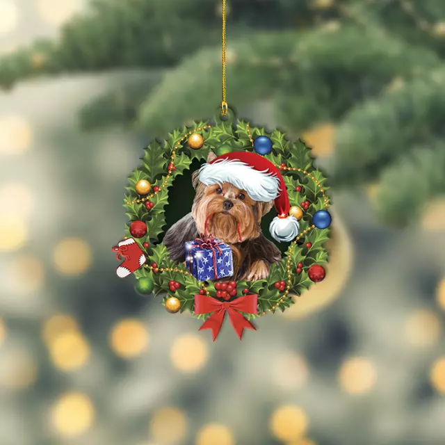Yorkshire Terrier Dog Christmas Wreath Ornament, Yorkie Dog Christmas Ornament