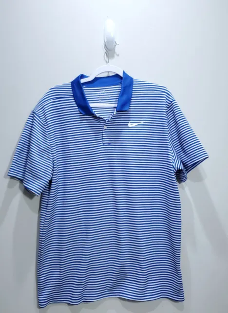 Nike Polo Shirt Men Large Blue Striped Sport Running DriFit Outdoor Gym L Logo